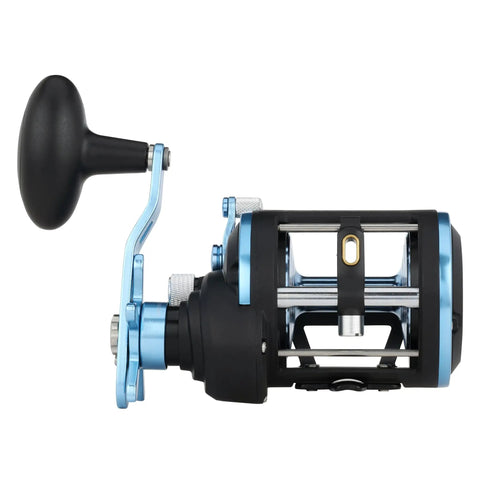Tough As Nails Saltwater Level Wind Fishing Reel Size Thirty featuring graphite housing and brass main gear from a side angle.