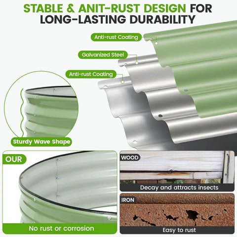Olive Green Two Pack Galvanized Raised Garden Beds 4x4x1ft Round Design With Safety Rubber Strip durable metal planters features