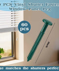Top Shelf Sixty Pack 3 Inch Vinyl Shutter Fasteners Heavy Duty Exterior Window Panel Pegs And Spike Anchors For Wood Aluminum Shutters No Fuss Quick Install close-up of green vinyl shutter fastener, 3 inches, ideal for window panel use.