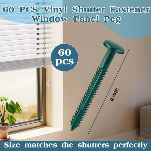 Top Shelf Sixty Pack 3 Inch Vinyl Shutter Fasteners Heavy Duty Exterior Window Panel Pegs And Spike Anchors For Wood Aluminum Shutters No Fuss Quick Install close-up of green vinyl shutter fastener, 3 inches, ideal for window panel use.
