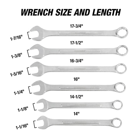Beefy Jumbo SAE Wrench Set Heavy Duty 1-1/16 Inch To 1-7/16 Inch With 12 Point Box End Wrenches 15 Degree Offset Chrome Plated