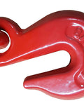 Close-up of red hook on Set Of 4 Heavy Duty Chain Ratcheting Load Binders 5/16 To 3/8 Inch Tie Down Rigging Boomer Style For Rock Solid Hauling