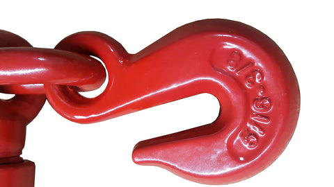 Close-up of red hook on Set Of 4 Heavy Duty Chain Ratcheting Load Binders 5/16 To 3/8 Inch Tie Down Rigging Boomer Style For Rock Solid Hauling