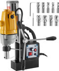 Beefy 40Mm Magnetic Drill Press Featuring 1100W Stepless Speed Drive And Complete 11 Piece Hss Core Bit Set For Industrial Steel Fabrication, close-up view.