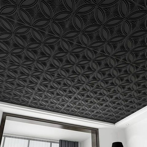 Black PVC Drop Ceiling Tile 2x2 Ft With Glue Up 3D Wall Panel Look, 24x24 In, 12 Pack, Lightweight And Flexible, Water And Corrosion Resistant, Easy Install In Standard T Bar Grid Or On Flat Substrates