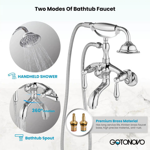 Wall Mount Clawfoot Tub Faucet With Handheld Shower Sprayer, Double Function Diverter, Hot And Cold Water Mixer, Polished Chrome