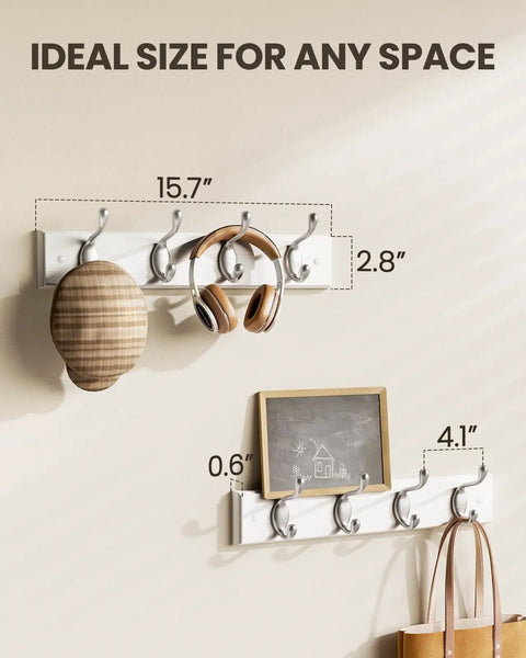 Two Pack Wall Mounted Coat Rack Set With Heavy Duty Hooks For Coats Hats And Bags, slim white finish wall hangers in use