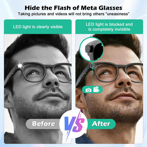 Comparison of LED light visibility before and after using 2 Pack LED Light Blocking Covers For Meta Smart Glasses
