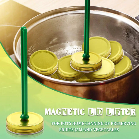 4 Piece Canning Tools Kit With 2 Magnetic Jar Lid Lifters And 2 Bubble Remover Measurers In Dark Green lifting jar lids in pot