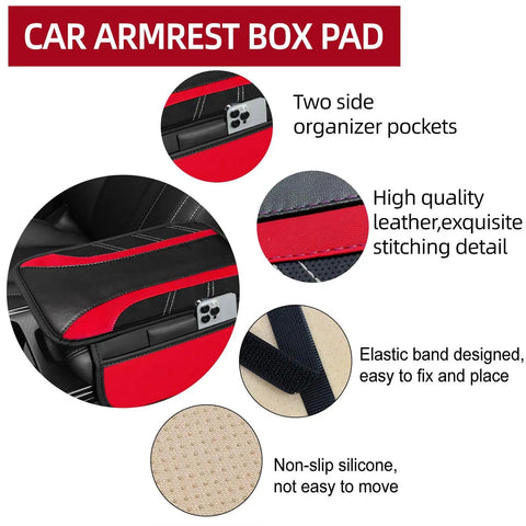 Fresh Red Six Piece Car Accessories Set Includes Universal 14.5 Inch Microfiber Leather Steering Wheel Cover Dope Smooth Grip Slick Seat Belt Pads Center Console Armrest Cover And Cup Coasters For Any Ride showing a car armrest cover with pockets and silicone base.