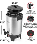 40 Cup Coffee Urn For Office And Events With Fast Brew Aluminum Construction Keep Warm Function shown with dimensions