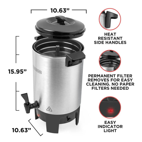 40 Cup Coffee Urn For Office And Events With Fast Brew Aluminum Construction Keep Warm Function shown with dimensions