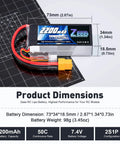 2S 2200mAh 7.4V 50C Shorty LiPo Battery Pack With XT60 Connector Soft Pack, dimensions and specifications displayed