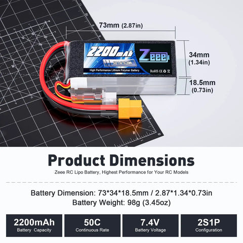2S 2200mAh 7.4V 50C Shorty LiPo Battery Pack With XT60 Connector Soft Pack, dimensions and specifications displayed