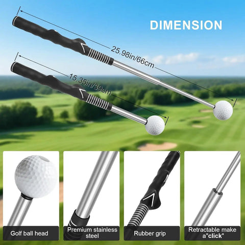 Retractable Golf Swing Trainer For Right Handed Players With Grip Aid And Arm Band, dual length stainless steel shaft and rubber grip.