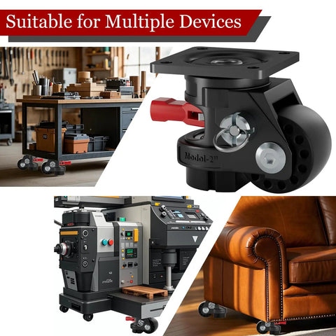 Heavy Duty Leveling Casters With Quick Lock Brakes, 4800 Lb Load Rating, Set Of Four Adjustable Height Wheels on various devices.