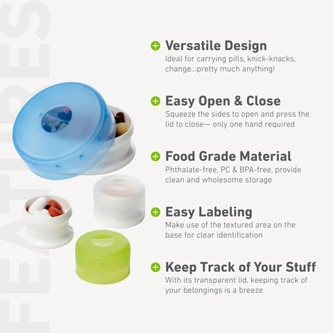 GoTubb Mini Storage Containers For Snacks And Grab And Go Travel Gear with blue, green lids, pills inside, and write-in area