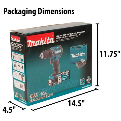 Ultra Compact 12V Max CXT Brushless Cordless Driver Drill With Smooth Handling And Rock Solid Motor For Knockout Torque and Serious Weekend Grind Sessions packaging dimensions shown.