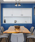 Modern kitchen with blue and white cabinets featuring Arch Cabinet Pulls 3 Inch Matte Black Solid Zinc Die Cast for renovation
