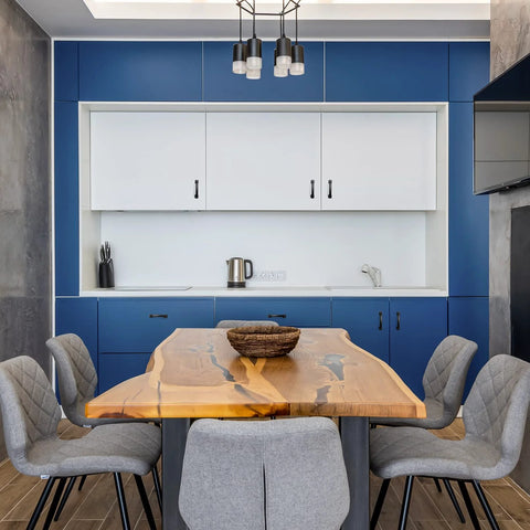 Modern kitchen with blue and white cabinets featuring Arch Cabinet Pulls 3 Inch Matte Black Solid Zinc Die Cast for renovation