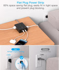 Hella Dependable 25 Ft Extension Cord With Flat Plug Surge Protector Power Strip for Home Office showing flat plug design fitting closely against a wall.