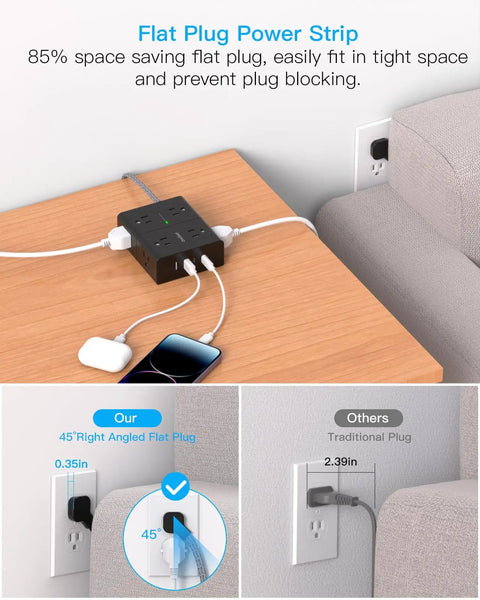 Hella Dependable 25 Ft Extension Cord With Flat Plug Surge Protector Power Strip for Home Office showing flat plug design fitting closely against a wall.