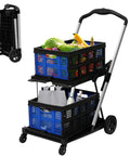 Heavy Duty Collapsible Shopping Cart On Wheels With Dual Bins Two Tier Folding Grocery Cart for Farmers Market, 200 lb Capacity