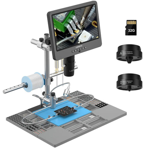 All In One Pro Grade Soldering Microscope Station with 3 Lens, 10.1 Inch HDMI Digital Microscope, 2000X Magnification, 2160P, 32GB Card