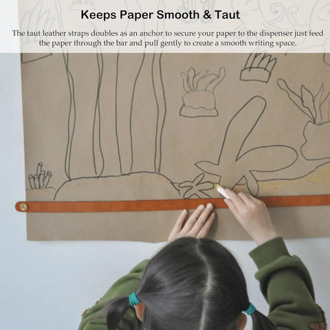 Snag This Heavy Duty Wooden Paper Dispenser With Serrated Cutter And Fast Rip Kraft Roll Holder Easy Wall Mount Memo Stand For Crafting Lists Party Decor And Home Flex in use with taut leather strap securing paper.