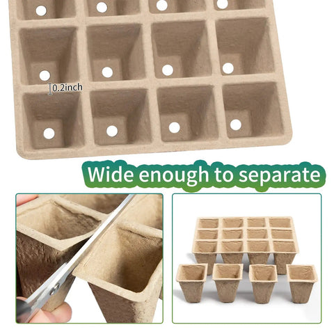 Close-up of 320 Cell Seedling Starter Trays with 20 Pack Biodegradable Peat Pots for Quick Germination and Easy Propagation Organic Plant Starter Kit