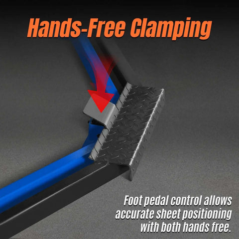 Hands-free clamping feature of 50 Inch Foot Clamp Pan And Box Brake For Sheet Metal Folding, Heavy Duty Industrial Metal Bender, 0-135 Degree Bend