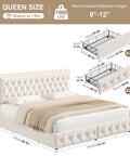 Queen Size Velvet Bed Frame Featuring Smooth As Butter Storage Drawers, Smart Led Chill Lights, Adjustable Headboard, Button Tufted Modern Platform Bed, Solid Wood Slats, No Sweat Assembly, Beige - Dimensions and features illustration.