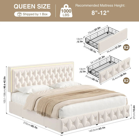 Queen Size Velvet Bed Frame Featuring Smooth As Butter Storage Drawers, Smart Led Chill Lights, Adjustable Headboard, Button Tufted Modern Platform Bed, Solid Wood Slats, No Sweat Assembly, Beige - Dimensions and features illustration.