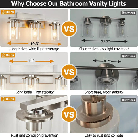 Comparison of three light brushed nickel bathroom vanity light fixture with clear glass shade over mirror vs shorter option.