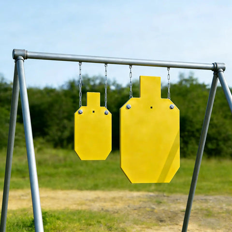 Ar500 Steel Silhouette Target 7 By 12 Inches Half Inch Thick for Rifle Practice hanging outdoors
