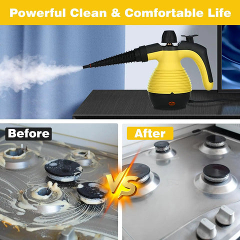 Heavy Duty Handheld Steam Cleaner For Deep Kitchen And Bath Scrubbing with steam nozzle cleaning grease off stove.