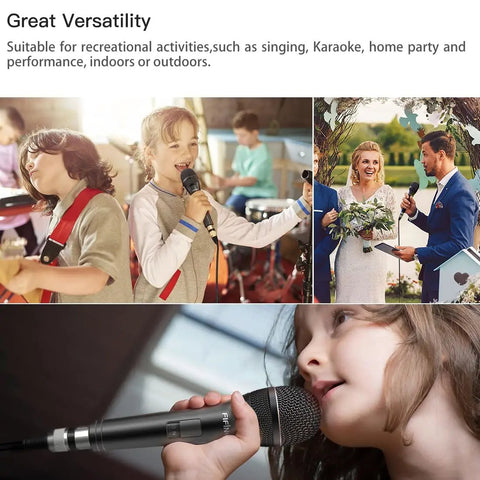 Collage showing Karaoke Dynamic Vocal Microphone For Stage And Home Use 6.35mm Wired Handheld Mic used by children and wedding officiant.