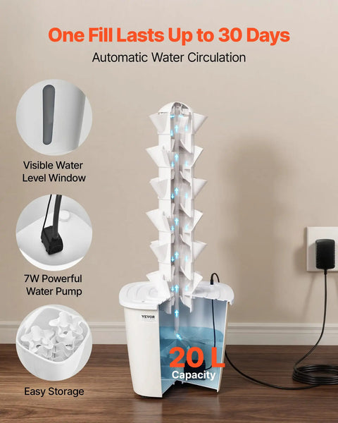Vertical Hydroponic Tower With 6 Tiers And 30 Pods, App Controlled Indoor Garden with 20L water tank and pump in room