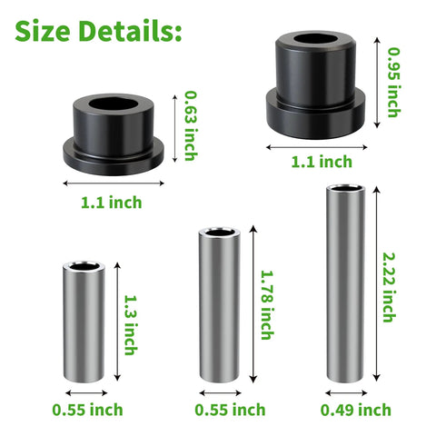 Size details for Front Leaf Spring And Upper A Arm Bushing Kit For Club Car DS Golf Cart 1992 Onward Ready To Install Replacement OEM Parts 1016346 1016349 1016350 1012303 1015583 Urethane Bushings With Inner And Outer Sleeves.