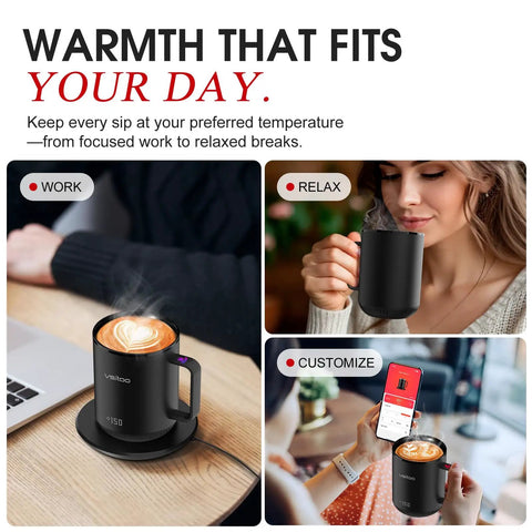 Smart AI Temp Control Heated Coffee Mug With Auto Beverage Detection for work and relaxation, 12oz black stainless steel.