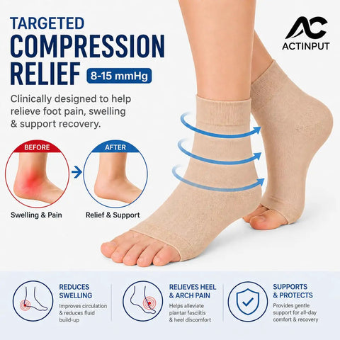 Two Pack Ankle Compression Sleeves 8 To 15 Millimeters Of Mercury Open Toe For Plantar Fasciitis Swelling Sprains Heel Pain Recovery All Day Comfort For Men And Women Beige Size Small Medium