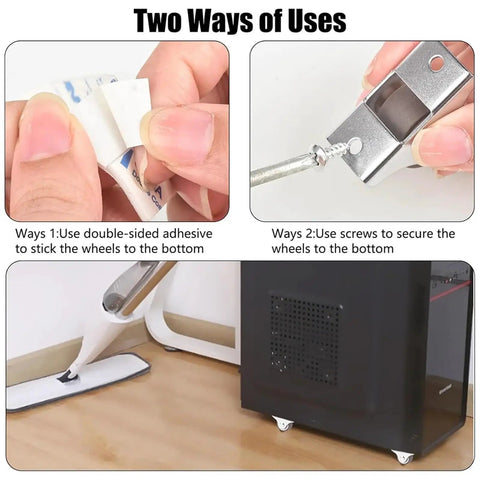 Image showing two mounting methods for Four Pack One Inch Low Profile Rubber Swivel Furniture Caster Wheels: adhesive and screws.