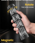 Hand holding magnetic storage organizer for Mini Electric Screwdriver Set With 60 Precision Bits And Four Torque Settings