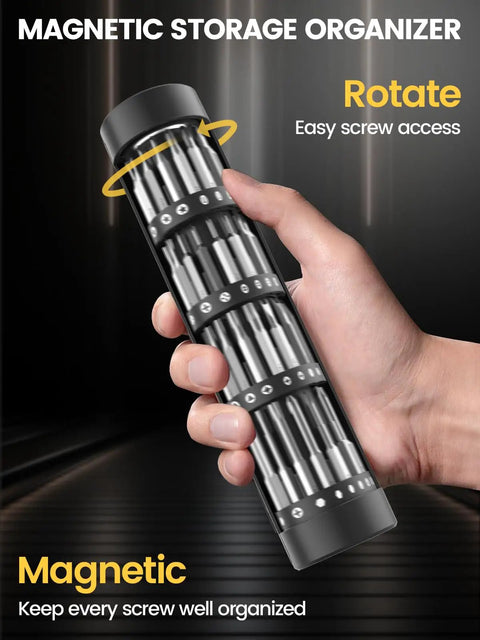 Hand holding magnetic storage organizer for Mini Electric Screwdriver Set With 60 Precision Bits And Four Torque Settings