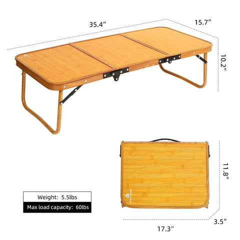 Ultralight Portable Camping Table Foldable Three Folding Beach Table For Camping Hiking Garden Outdoor Picnic With Carry Handle And 60 Lbs Load Capacity 35.4 By 15.7 By 10.2 Inches shown unfolded and folded.