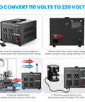 Diagram showing the Heavy Duty 3000W Voltage Converter Transformer, Step Up Down 110V to 220V and 220V to 110V, 50-60Hz.
