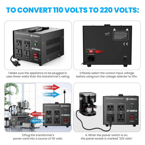 Diagram showing the Heavy Duty 3000W Voltage Converter Transformer, Step Up Down 110V to 220V and 220V to 110V, 50-60Hz.