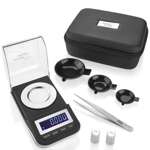 Pro Grade Digital Milligram Scale For Jewelry And Powder Weighing 50g Capacity 0.001g Readout Includes Tweezers Calibration Weights Three Pans And Case