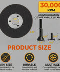 50 Pack 2 Inch Die Grinder Cut Off Wheels With 3/8 Inch Arbor For Air Grinders And Rotary Tools Includes 1/4 Inch Stem Mount Mandrel Kit For Mounting Small Discs Pro Grade Mini Metal Cutter Discs For DIY Projects image showing cut off wheel and mandrel dimensions