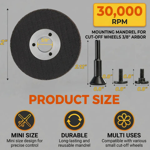 50 Pack 2 Inch Die Grinder Cut Off Wheels With 3/8 Inch Arbor For Air Grinders And Rotary Tools Includes 1/4 Inch Stem Mount Mandrel Kit For Mounting Small Discs Pro Grade Mini Metal Cutter Discs For DIY Projects image showing cut off wheel and mandrel dimensions